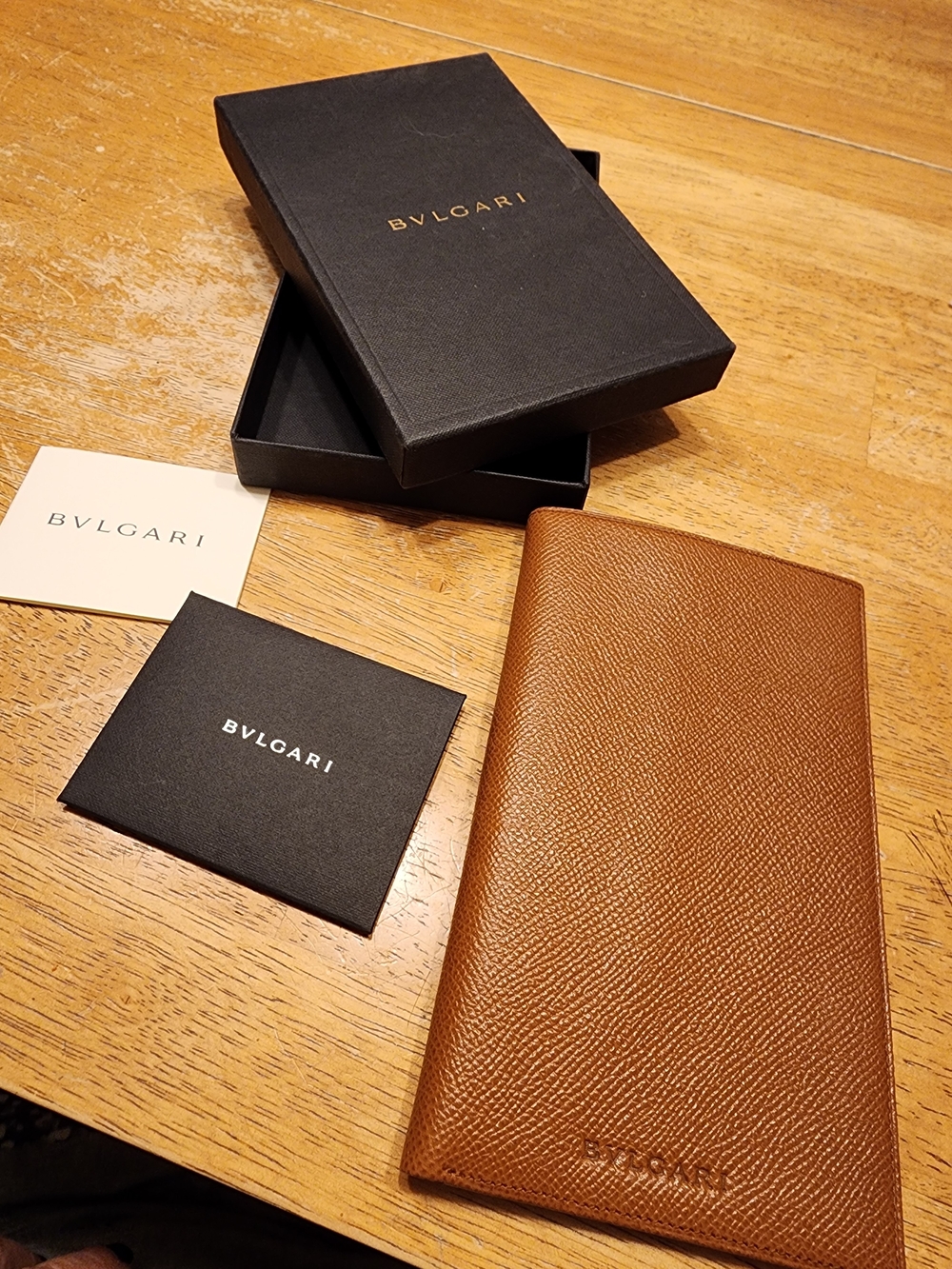 Bvlgari tan grained leather long bifold wallet / passport cover
